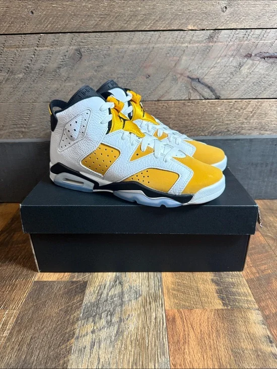 Nike Air Jordan 6 Retro GS Yellow Ochre White Black Size 7Y 384665-170 With Box
