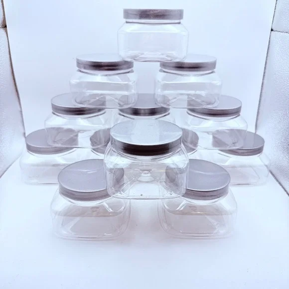 13 Clear Square Plastic Jars with Silver Lids 8oz Cosmetics Crafts Party Favors
