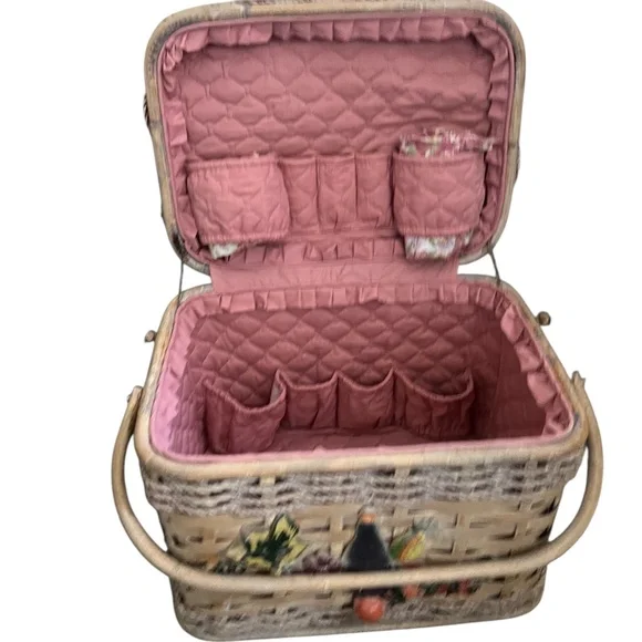Vintage Large Pastel Rattan Picnic Basket with handles & food blanket