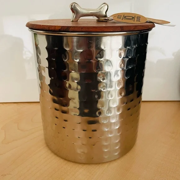 NWT Dog Treat Stainless Steel & Wood Cover Canister