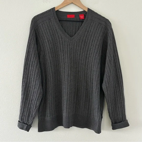 Izod Mens Cable Knit Sweater Grey Long Sleeve Pullover Size M Preppy 100% Cotton
