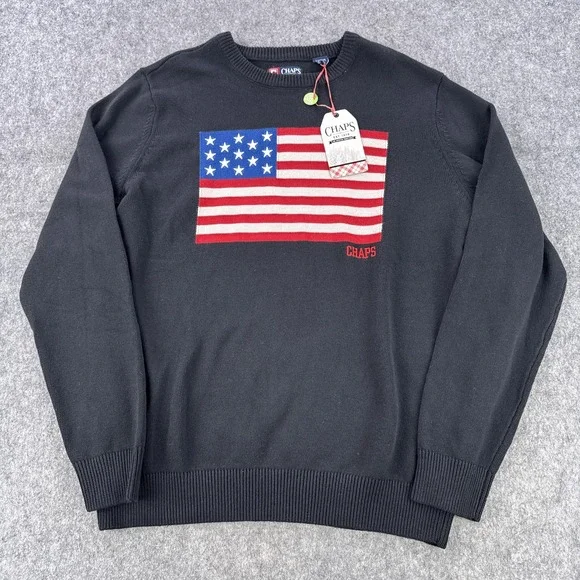 Chaps Sweater Mens XL Black American Flag Knit Crewneck Pullover Patriotic USA