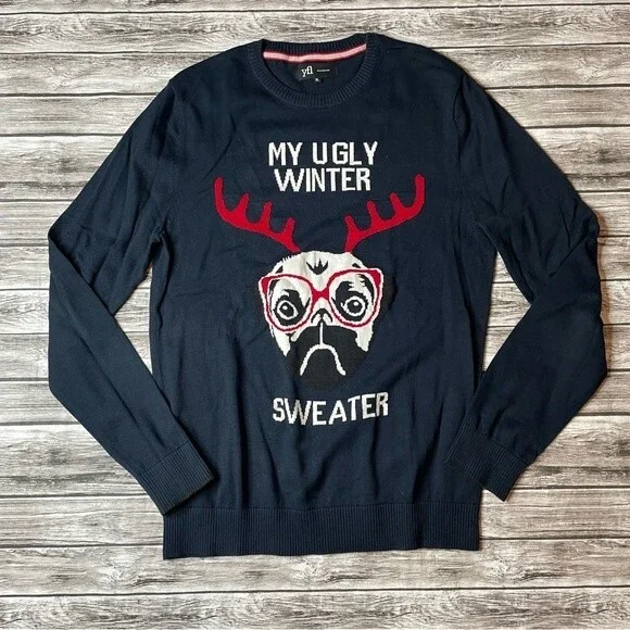Men's Ugly Christmas Sweater Pug Antlers XL Navy Funny Holiday Pullover