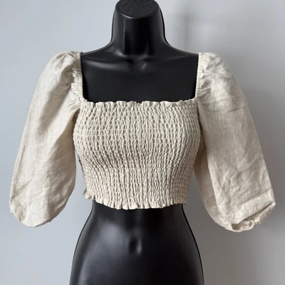 Reformation sz 2 Beige‎ 100% Linen Smocked Puff Sleeve Crop Top Blouse Cottage