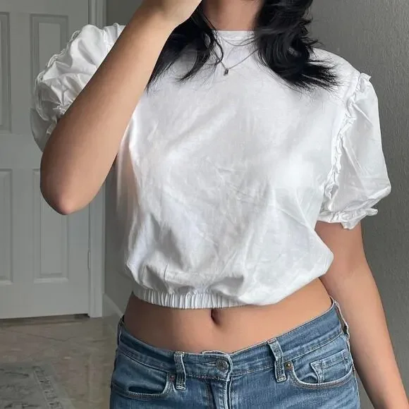 ZARA White Ruffle Puff Short Sleeve Elastic Hem Crop Top