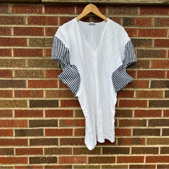 Zara White V neck Black and White Striped Puff Sleeve Long Line Short Sleeve Top