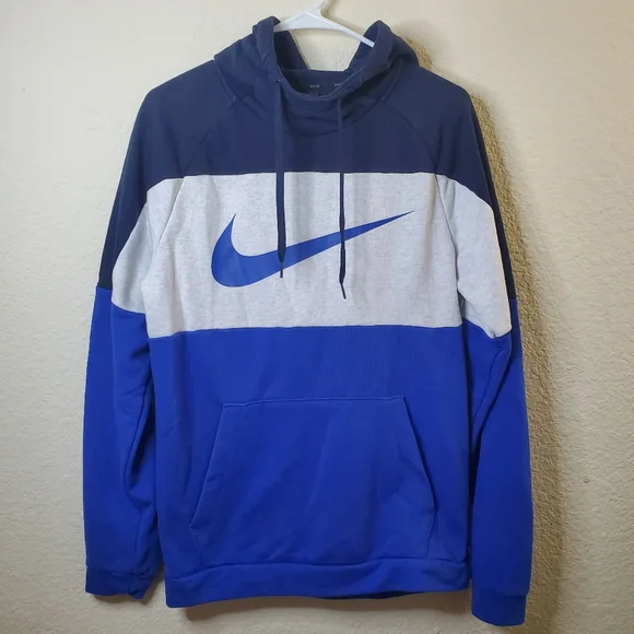 Nike‎ Blue White Color Block Pullover Hoodie Sweatshirt Mens Small Dri Fit Warm