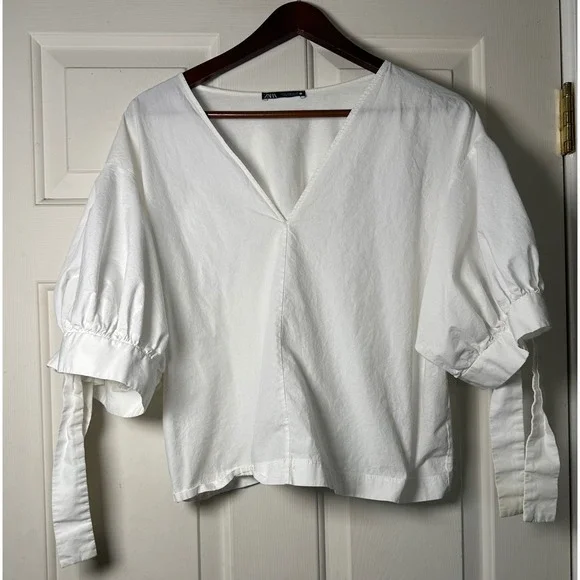Zara Women's White M Poplin Top Balloon Sleeve Tie Cuff‎ Blouse