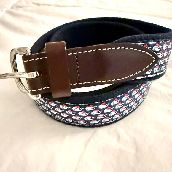 Vineyard Vines Santa Whale Belt Boys Blue Canvas Brown Leather Santa Hat Size 28