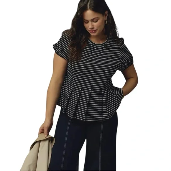 EUC Maeve for Anthropologie Corset Peplum Black and White Striped Blouse (G)