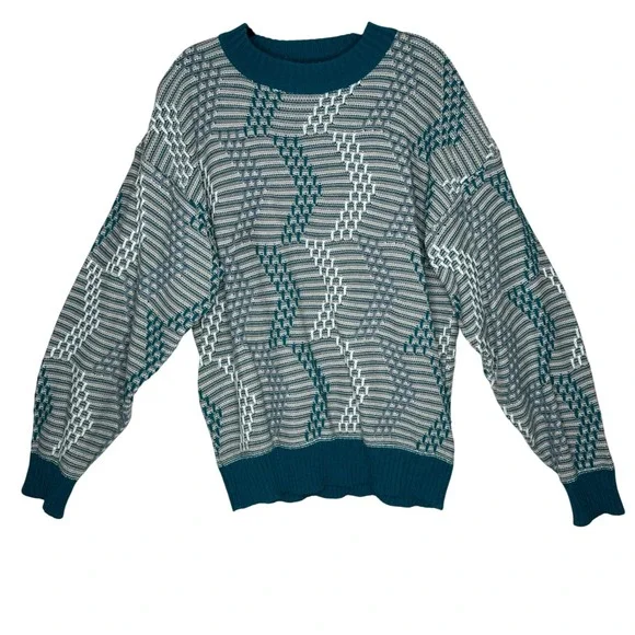 VTG New Castle Men's L‎ Teal Gray White Geometric Knit Sweater Grandpacore