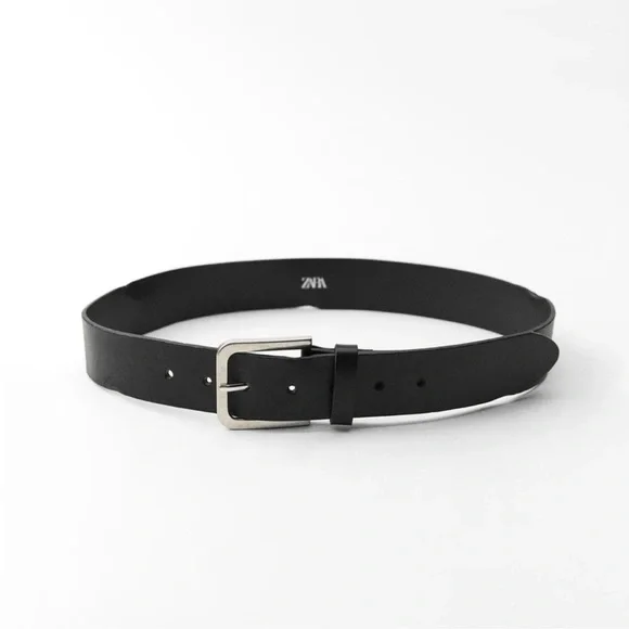 Zara Kids Black Leather Belt Squared Metal Buckle