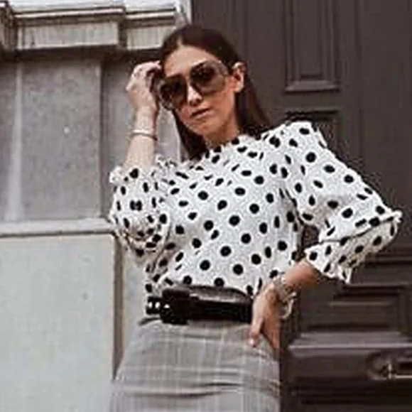 ZARA Smocked Puff Sleeve Polka Dot Mock Neck Blouse in Black