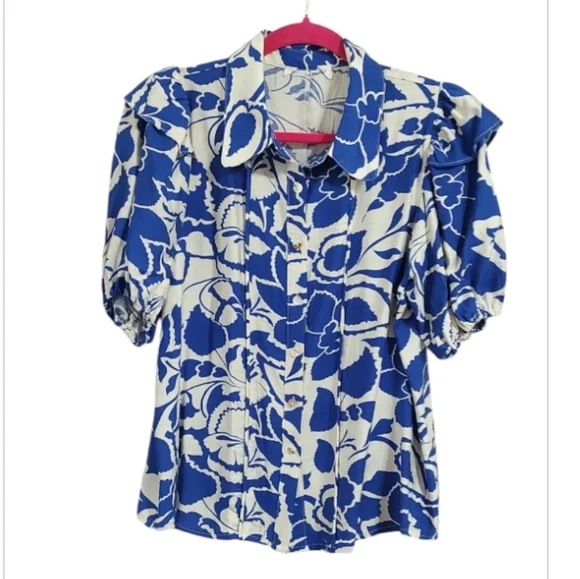 Anthropologie Blue & White Floral Puff Sleeve Button Front Structured Collar
