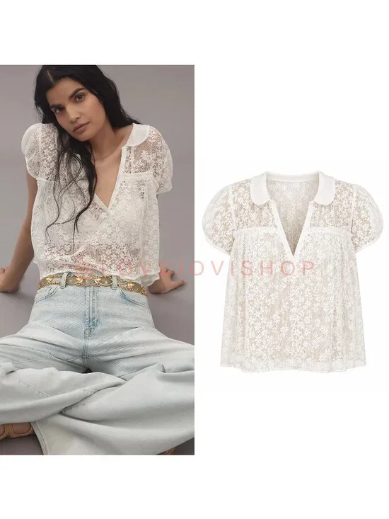 Feminine | Maeve for Anthropologie Lace Sheer Babydoll Layer Top | Collar V Neck