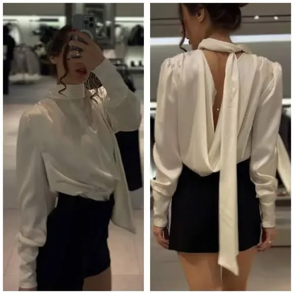 Zara White Satin High Neck Cowl Back Top Size XS Draped Tie Back Quiet Luxury