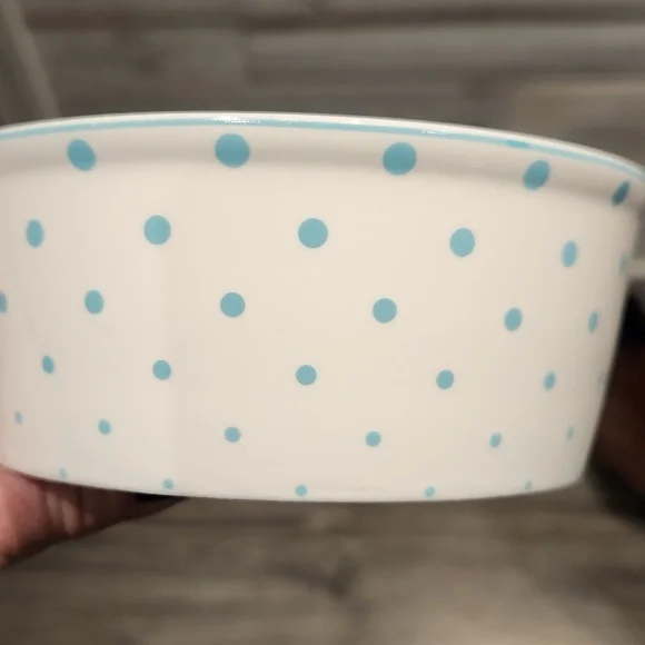 EUC Fido's Diner By Coastline Imports Dog Dish w/Blue Polka Dots 2 1/16