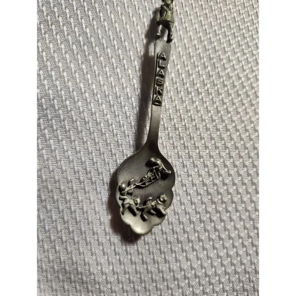 Alaska Souvenir Spoon Pewter‎ Dog sled and Gold Prospector
