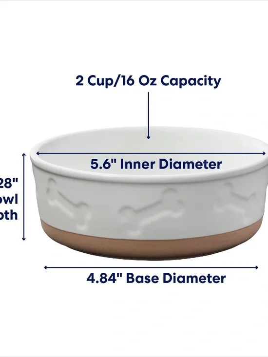 Ceramic Dog Bowl - White and Tan Bone Design