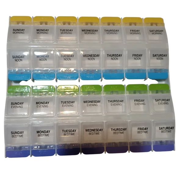 EUC Weekly pill/medication organizer/box for a Month - Multi Color-coded Lids