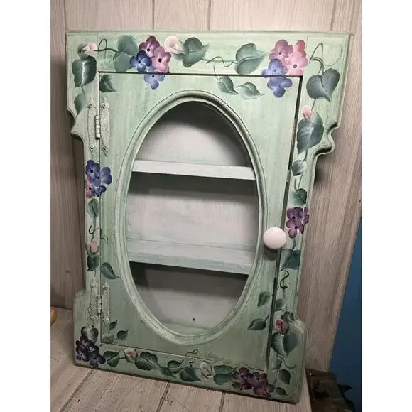 Vtg Hand Painted Floral Curio Display Cabinet Miniatures Farmhouse Cottagecore