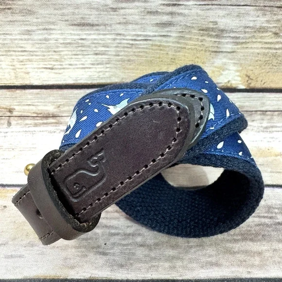 Vineyard Vines Boys Navy Blue & Brown Leather Preppy Swordfish Belt 28