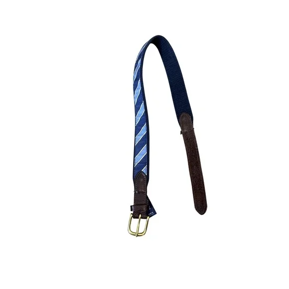 Vineyard Vines Belt Boys Size 26 Blue Stripe Ribbon Leather Brass Buckle