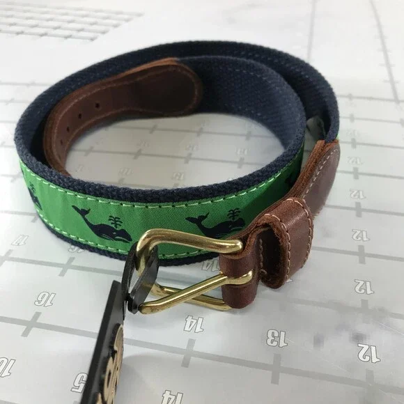 Preston Belt Boys One Size Green Whale Ribbon Navy Web Leather Canvas Made USA