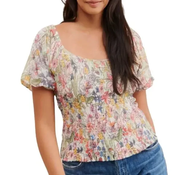 ANTHROPOLOGIE Aurelia Smocked Floral Puff Sleeve Top X-Small EUC