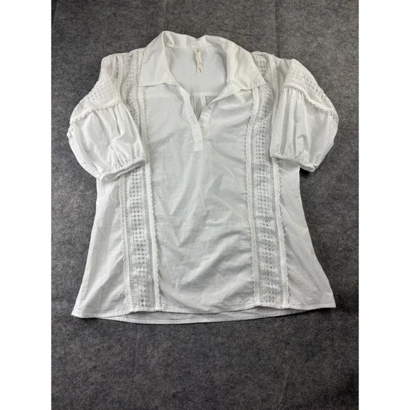 Anthropologie Women's M Puff Sleeve Peplum Top White Lace Cottagecore Coastal