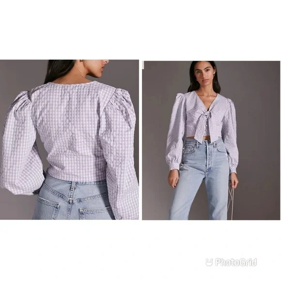 Anthropologie Maeve Gingham Plaid Purple White Front Tie Button Up Cropped Sz 10