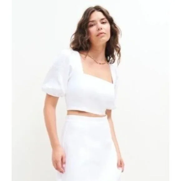 Reformation White Pure Linen Puff Sleeve Square Neck Cropped Blouse Top Size 2