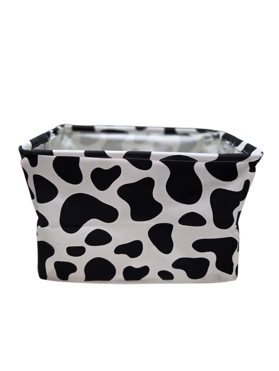Huayee Rectangle White And Black Cow Print Storage Basket With Handles Set Of 2