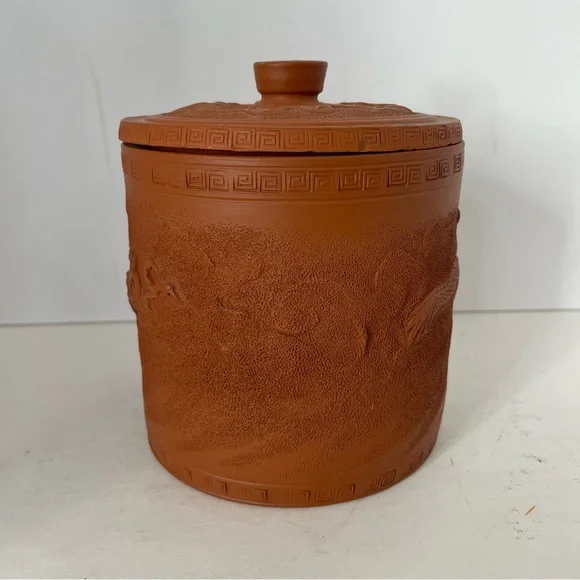 Japanese Tokoname Redware Flying Dragon in Cloud Covered Pot Jar 5 1/2