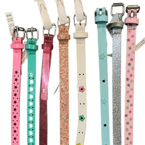 8 Cat & Jack Kids Belts in Pink, Teal, Glitter, Laser Cut Grommets Size L/XL