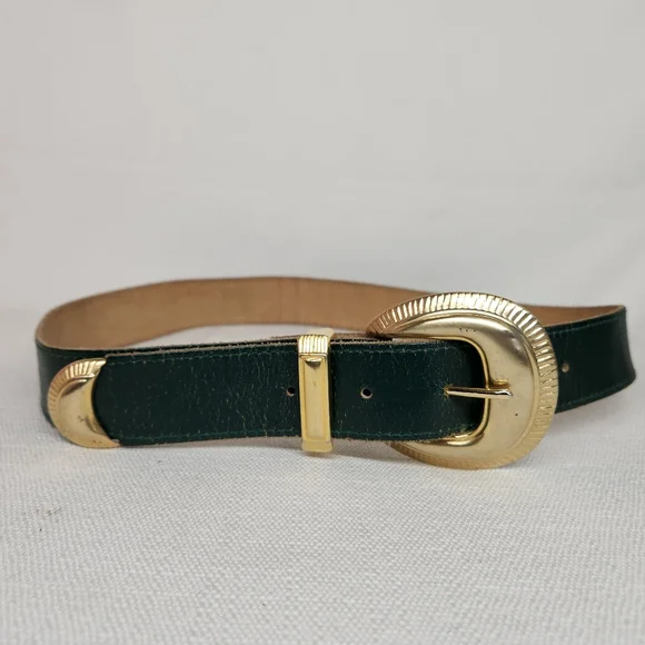 Vintage Green Gold Belt Buckle Western Youth Size 10-12