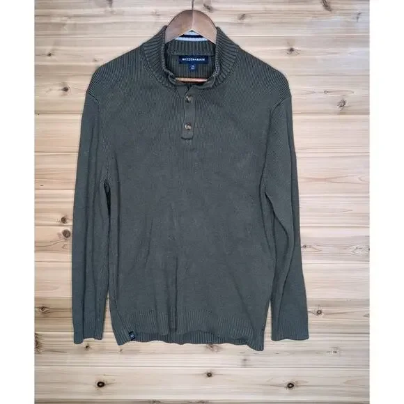 Mizzen+Main Sweater Mens‎ XXL Green Button Neck Henley Ribbed