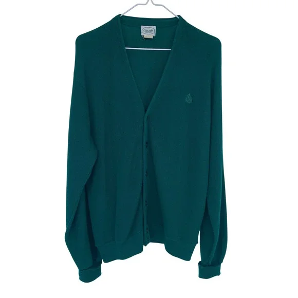 Green Vintage Izod Knit Cardigan Sweater XL‎ Grandpa Preppy Golf Tennis USA Made