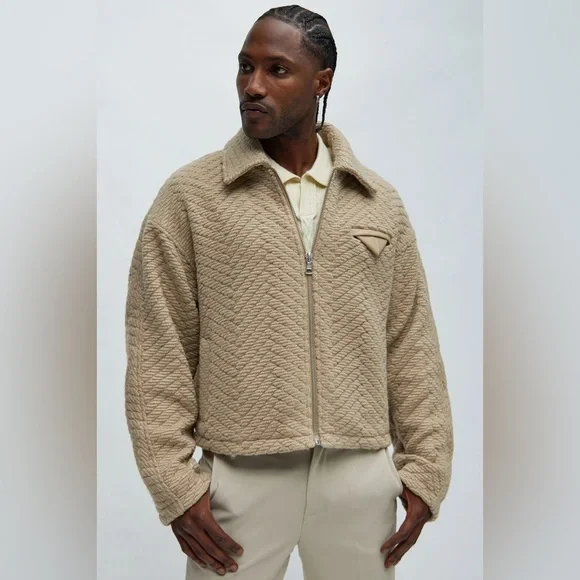 Textured Fashion Nova Zip-Up Sweater - Brown