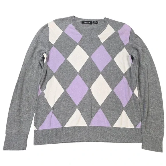 Claiborne Argyle V-Neck Sweater Men's Size Small‎ Gray Purple White 100% Cotton