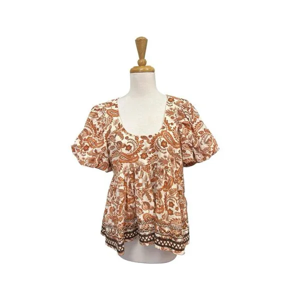 NEW By Anthropologie Puff Sleeve Babydoll Blouse Size L Large Paisley