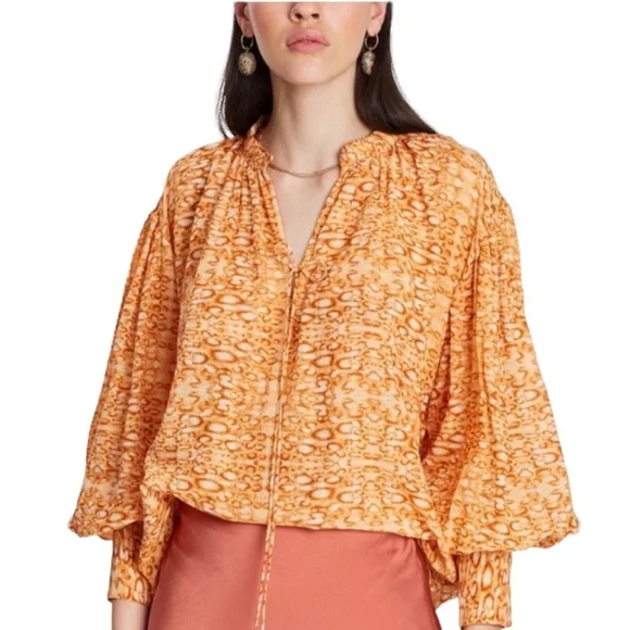 Anthropologie Kinga Csilla Sera Cropped Blouse in Orange Leopard Print - 2