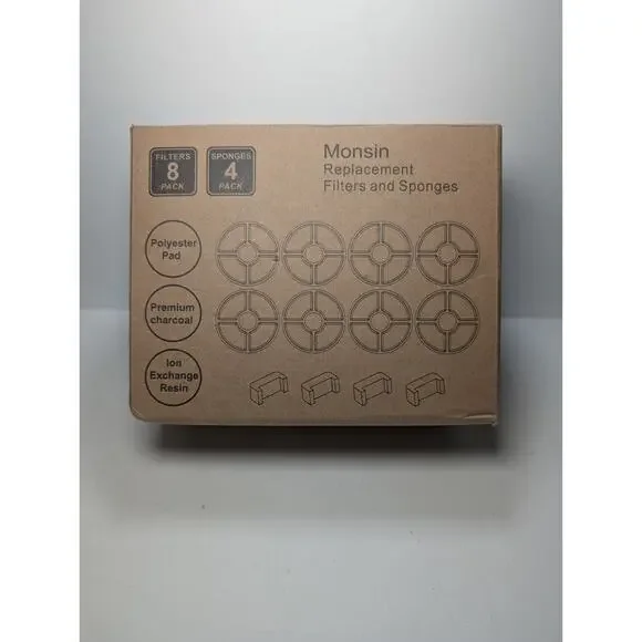 Monsin Pet Water Fountain Filters 8 Pack + 4 Sponges Charcoal Resin New
