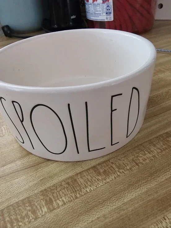 Rae Dunn SPOILED Ceramic Dog Bowl White Large Letter Pet Food Water Dish Magenta