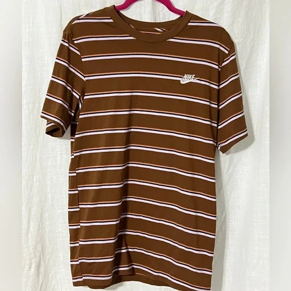 The Nike Tee Women's Size Medium Shirt Brown Striped Embroidered Logo T-Shirt