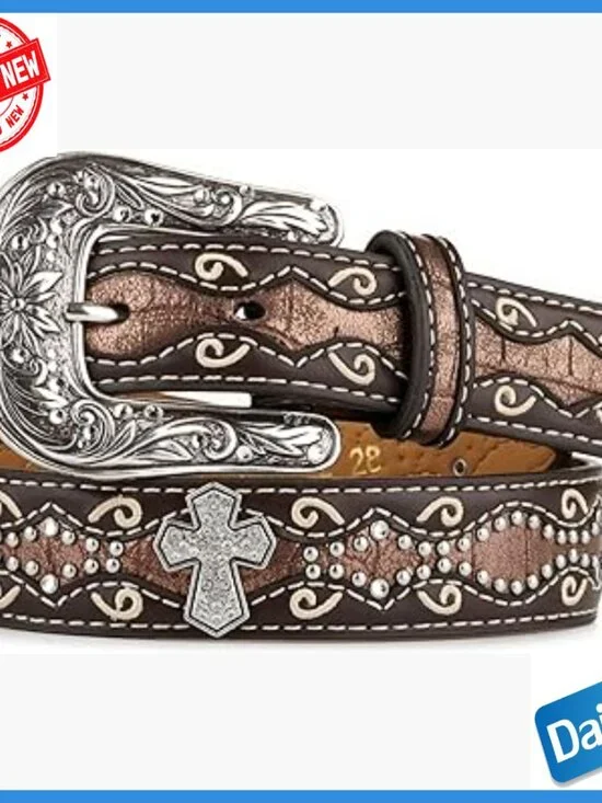 Little Kids Genuine Leather Western Belt with Rhinestone Cross Buckle