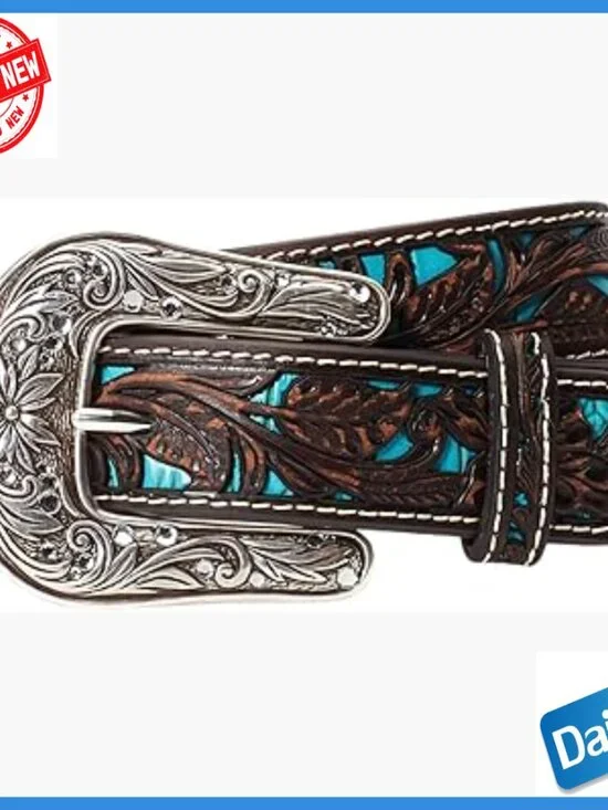 Youth Leather Belt with Floral Tooling and Turquoise Inlay, Adjustable Fit