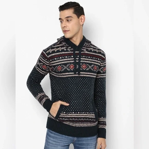 American Eagle men’s Birdseye fair‎ isle sweater Medium hooded pocket NWOT ski