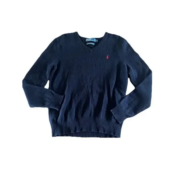 Polo Ralph Lauren Mens Navy Lambs Wool Sweater Sz L Pullover Preppy Italian Wool