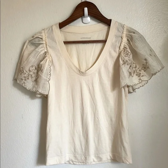 Anthropologie Cream Flutter embroidered Sleeve Blouse